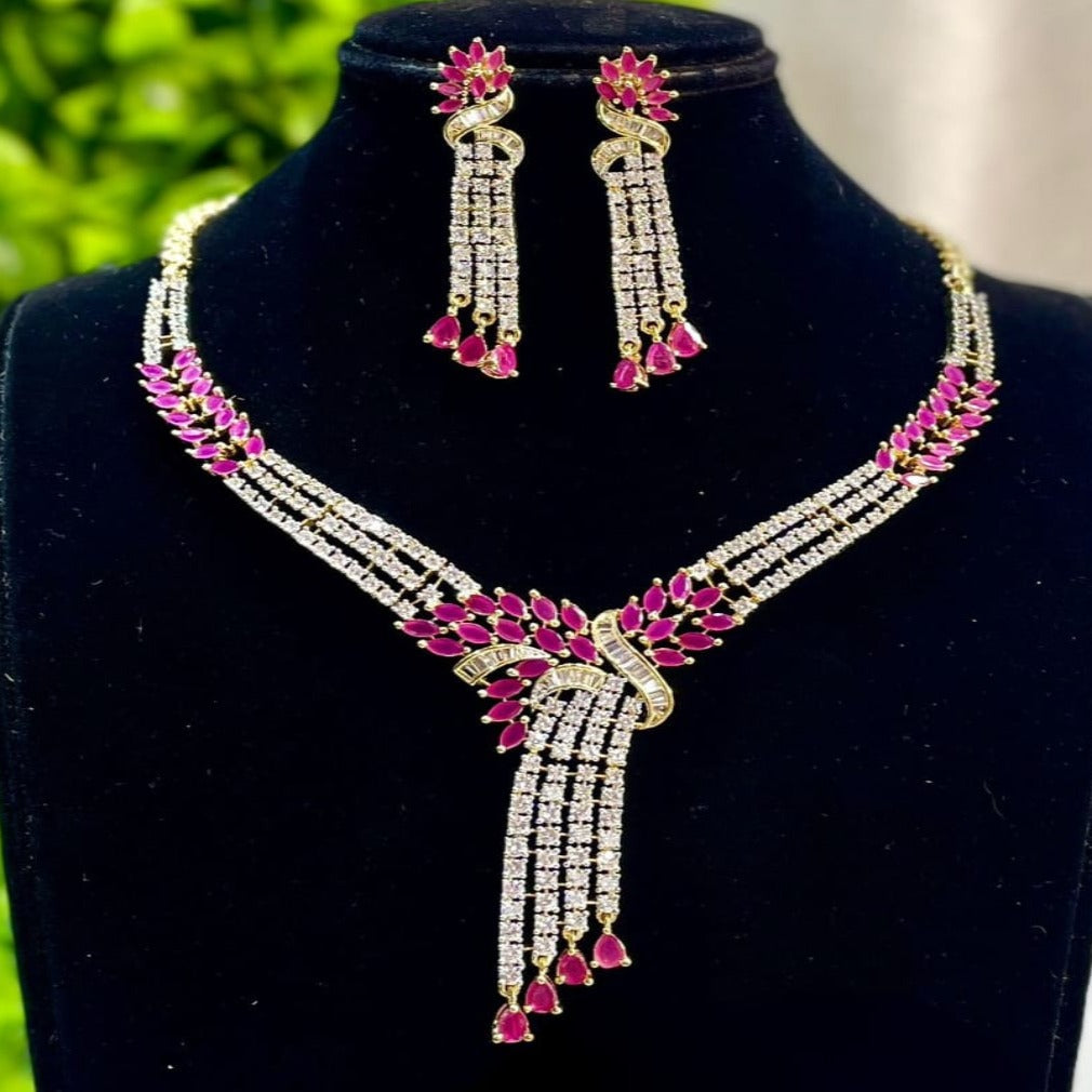 American Diamond V-Shaped Necklace Set with Matching Earrings , indian jewelry, Wedding jewelry