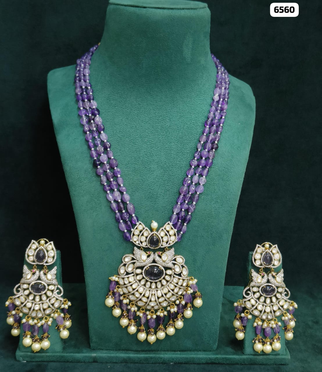 Royal Fusion, Kundan and Victorian Long Haar Ensemble with Beaded Elegance and Matching Earrings