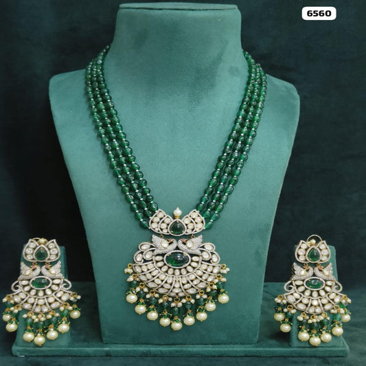 Royal Fusion, Kundan and Victorian Long Haar Ensemble with Beaded Elegance and Matching Earrings