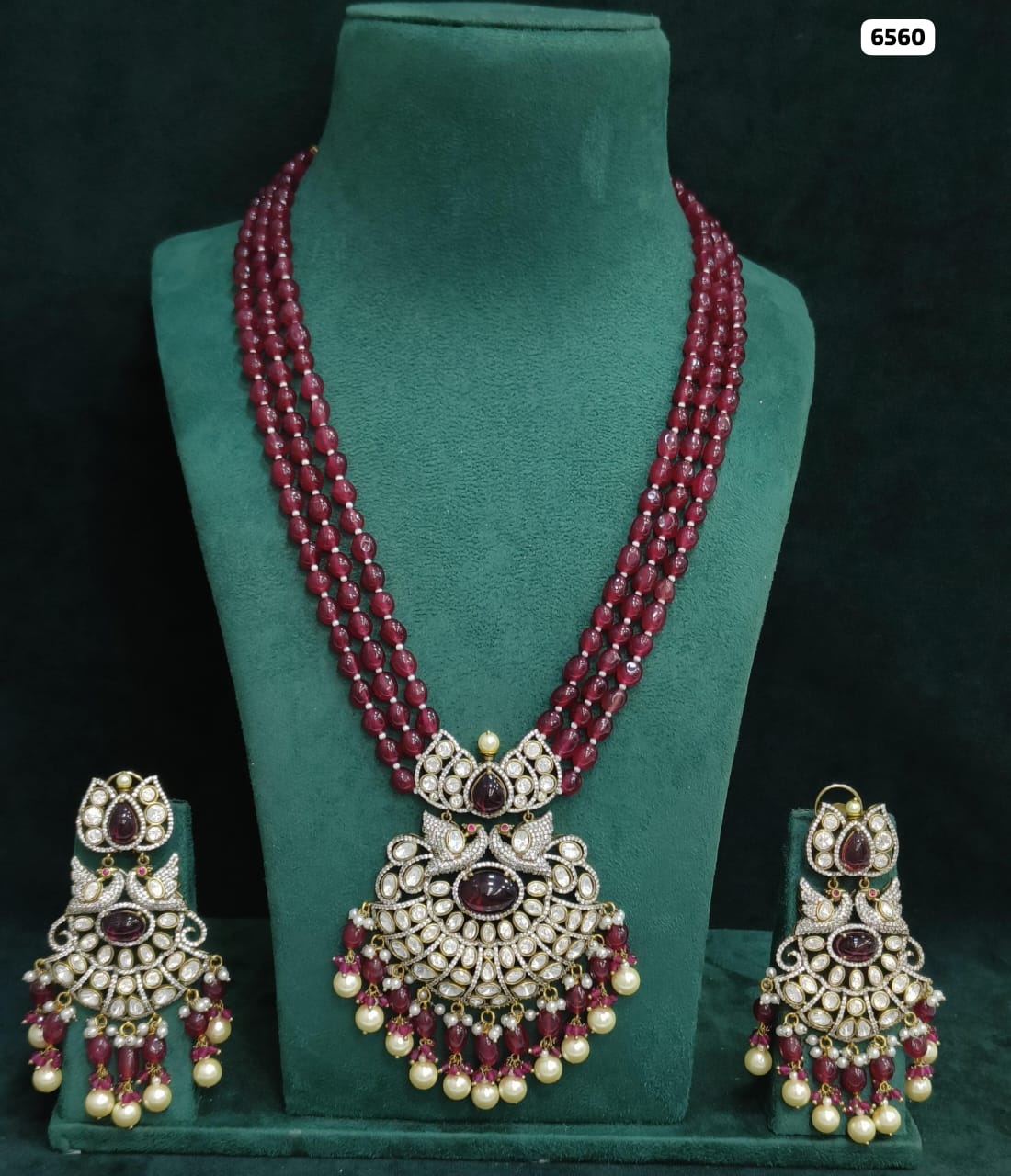 Royal Fusion, Kundan and Victorian Long Haar Ensemble with Beaded Elegance and Matching Earrings