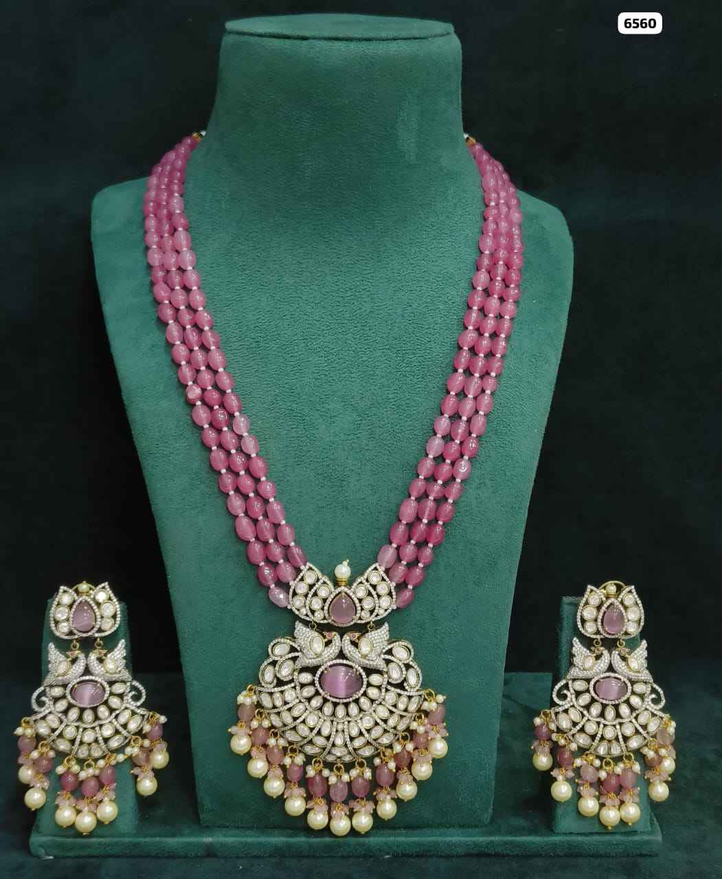 Royal Fusion, Kundan and Victorian Long Haar Ensemble with Beaded Elegance and Matching Earrings