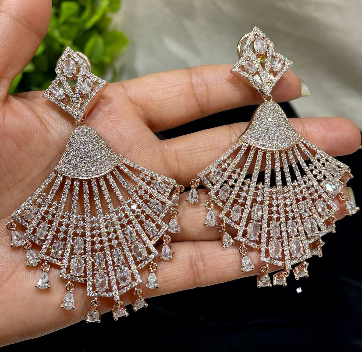 Dazzling Floral Elegance: American Diamond Long Drop Earrings