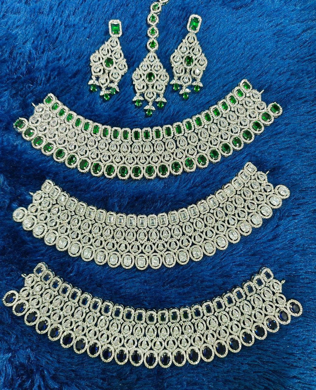 High-Quality Full Bridal American Diamond Necklace Set with Earrings and Maangtikka