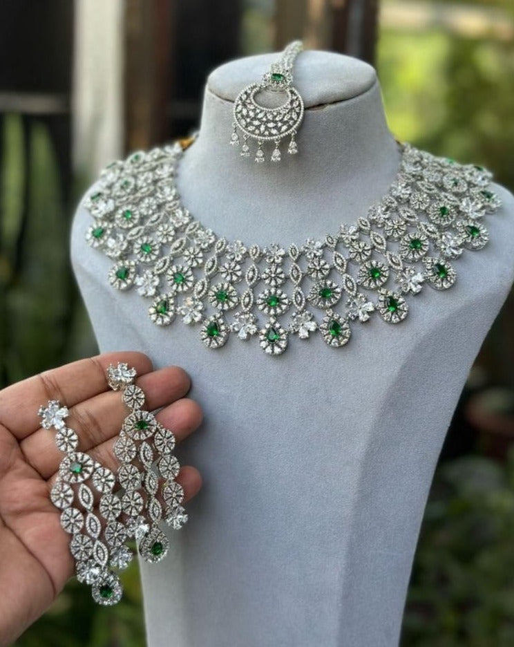 Sagunittujewel's High-Quality American Diamond Necklace Set with Earrings and Maangtikka