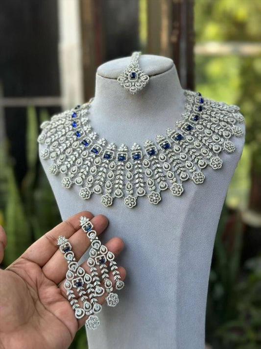 Sagunittu's Majestic Radiance: High-Quality Full Bridal American Diamond Necklace Set with Matching Earrings and Maangtikka