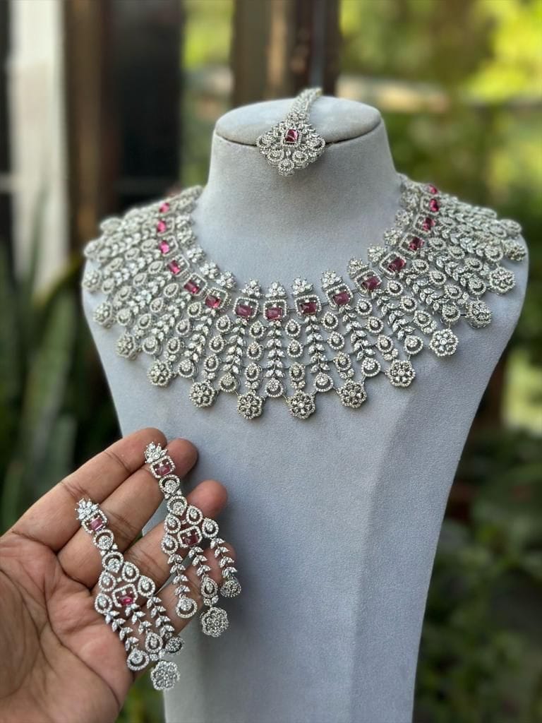 Sagunittu's Majestic Radiance: High-Quality Full Bridal American Diamond Necklace Set with Matching Earrings and Maangtikka