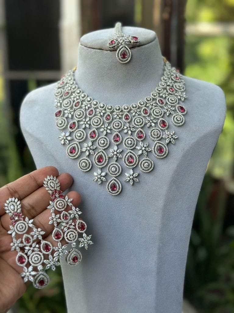 Sagunittujewel's Opulent Radiance: High-Quality American Diamond Necklace Set with Earrings and Maangtikka