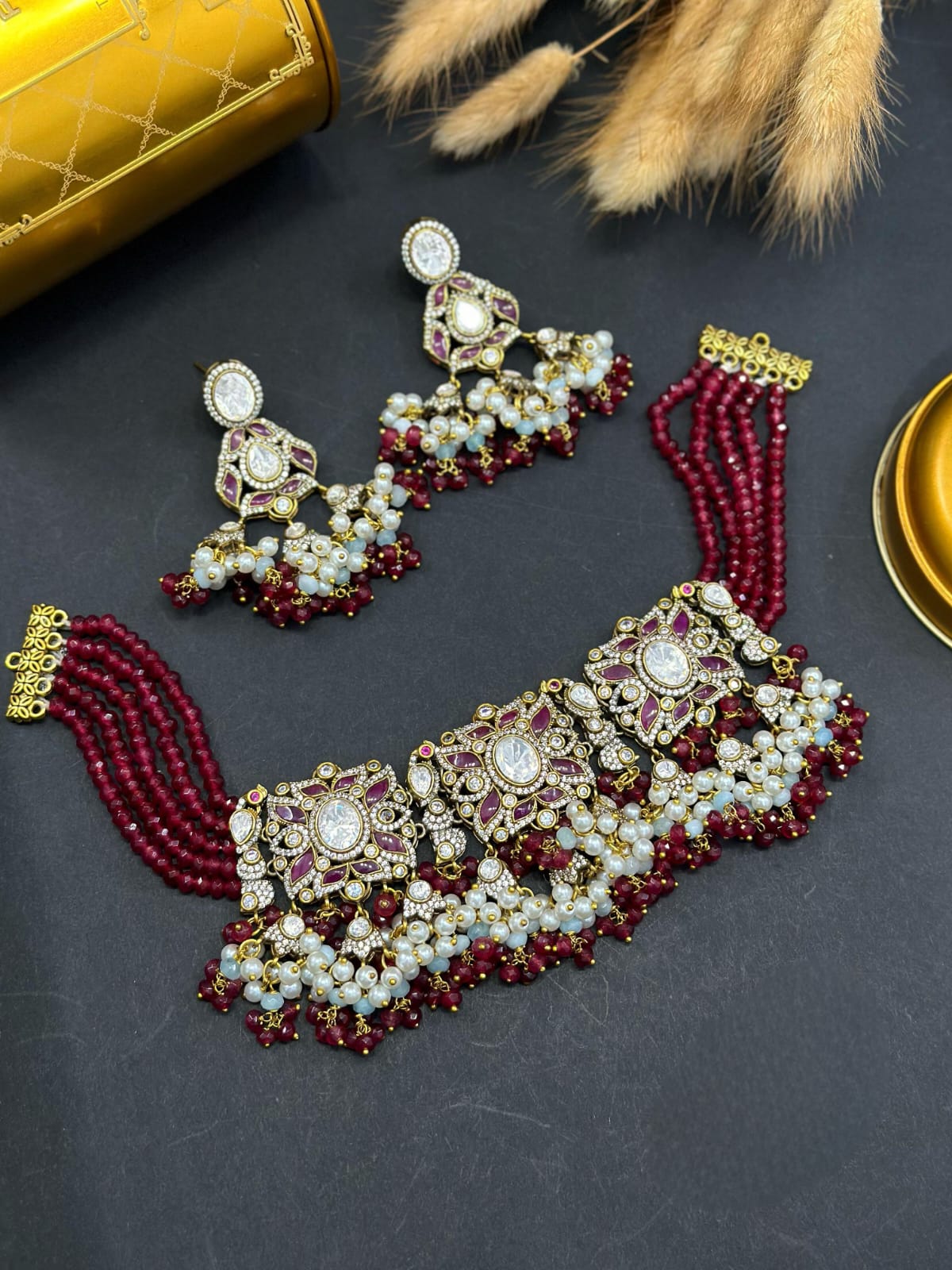 Polki Kundan Choker Set with Matching Earrings - Traditional Indian Bridal Jewelry, Wedding Statement