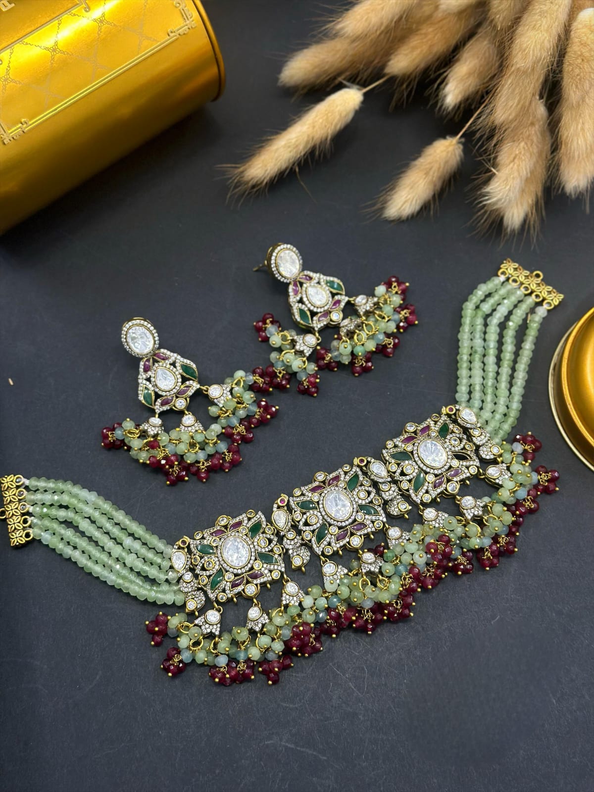 Polki Kundan Choker Set with Matching Earrings - Traditional Indian Bridal Jewelry, Wedding Statement