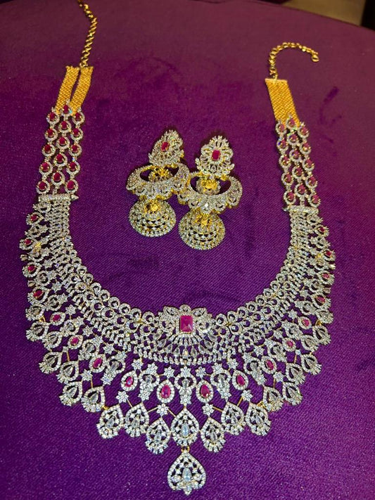 Exquisite American Diamond Long Haram with Elegant Jhumka Earrings