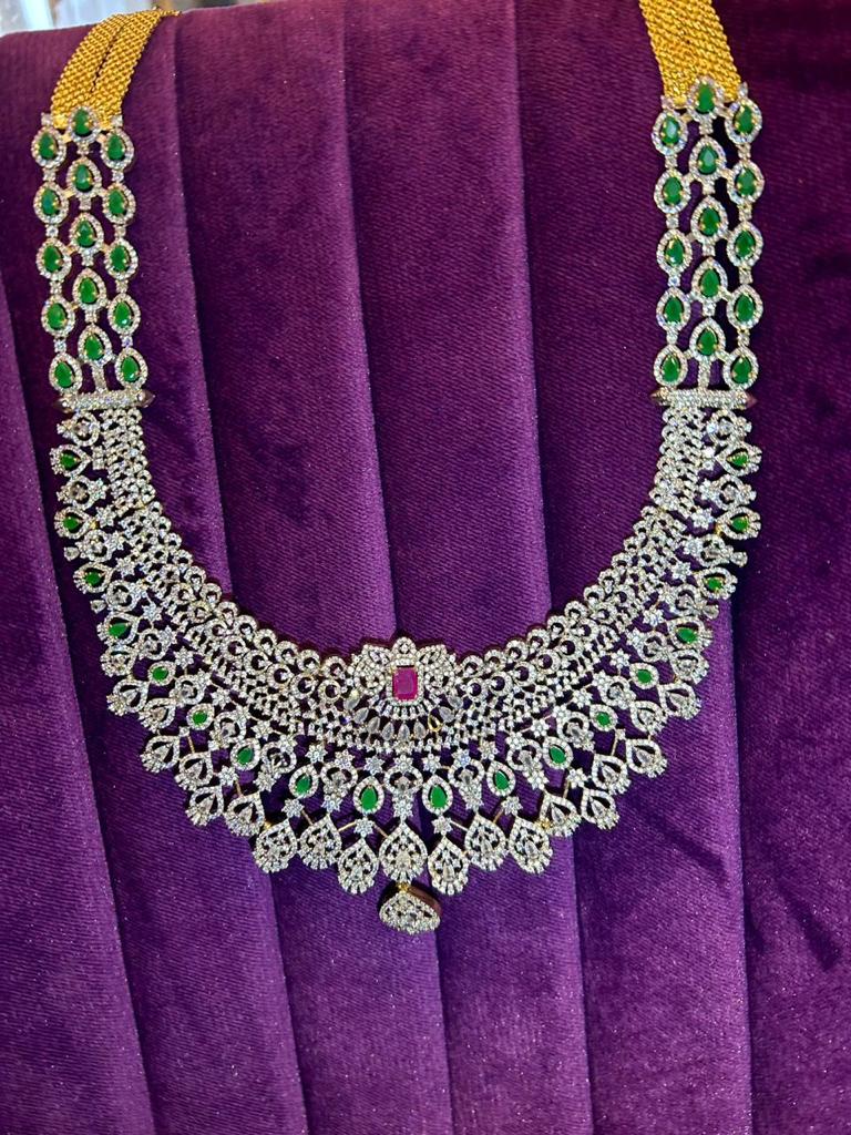 Exquisite American Diamond Long Haram with Elegant Jhumka Earrings