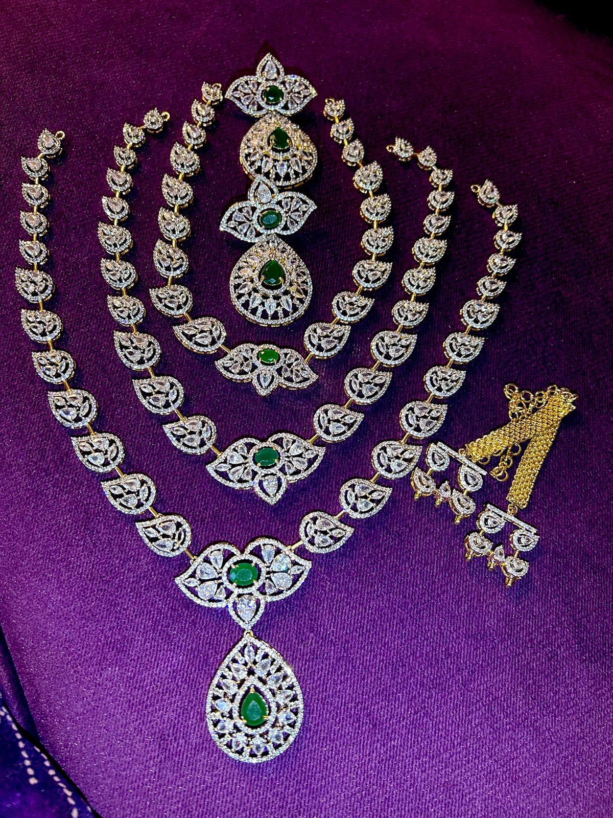 Premium Quality American Diamond 3 layer long haram set with Premium Earrings, southindian jewellery, indian jewellery