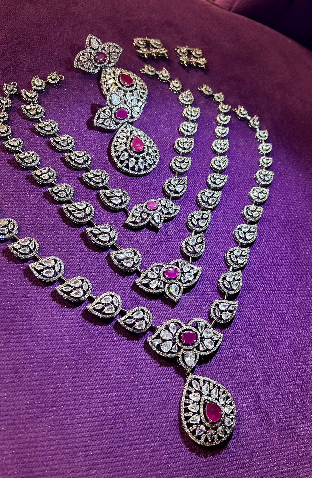 Premium Quality American Diamond 3 layer long haram set with Premium Earrings, southindian jewellery, indian jewellery