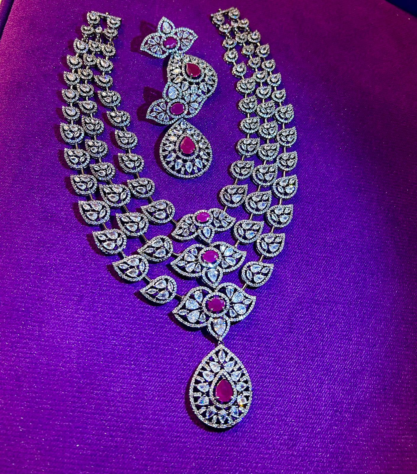 Premium Quality American Diamond 3 layer long haram set with Premium Earrings, southindian jewellery, indian jewellery