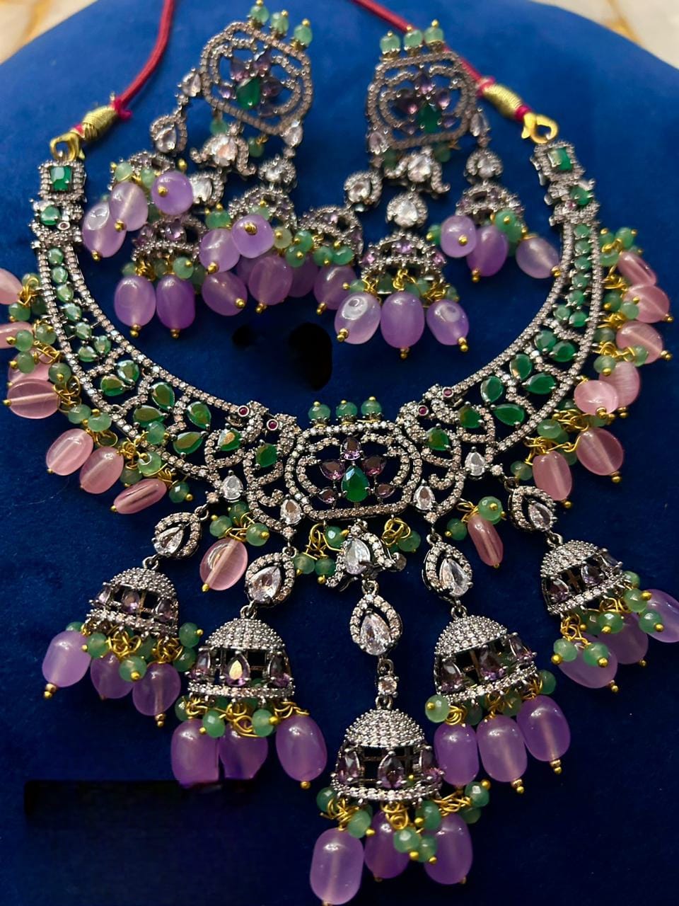 Super luxurious diamond replica Victorian set with screw back earrings with real pastel beads pink n purple unique combination