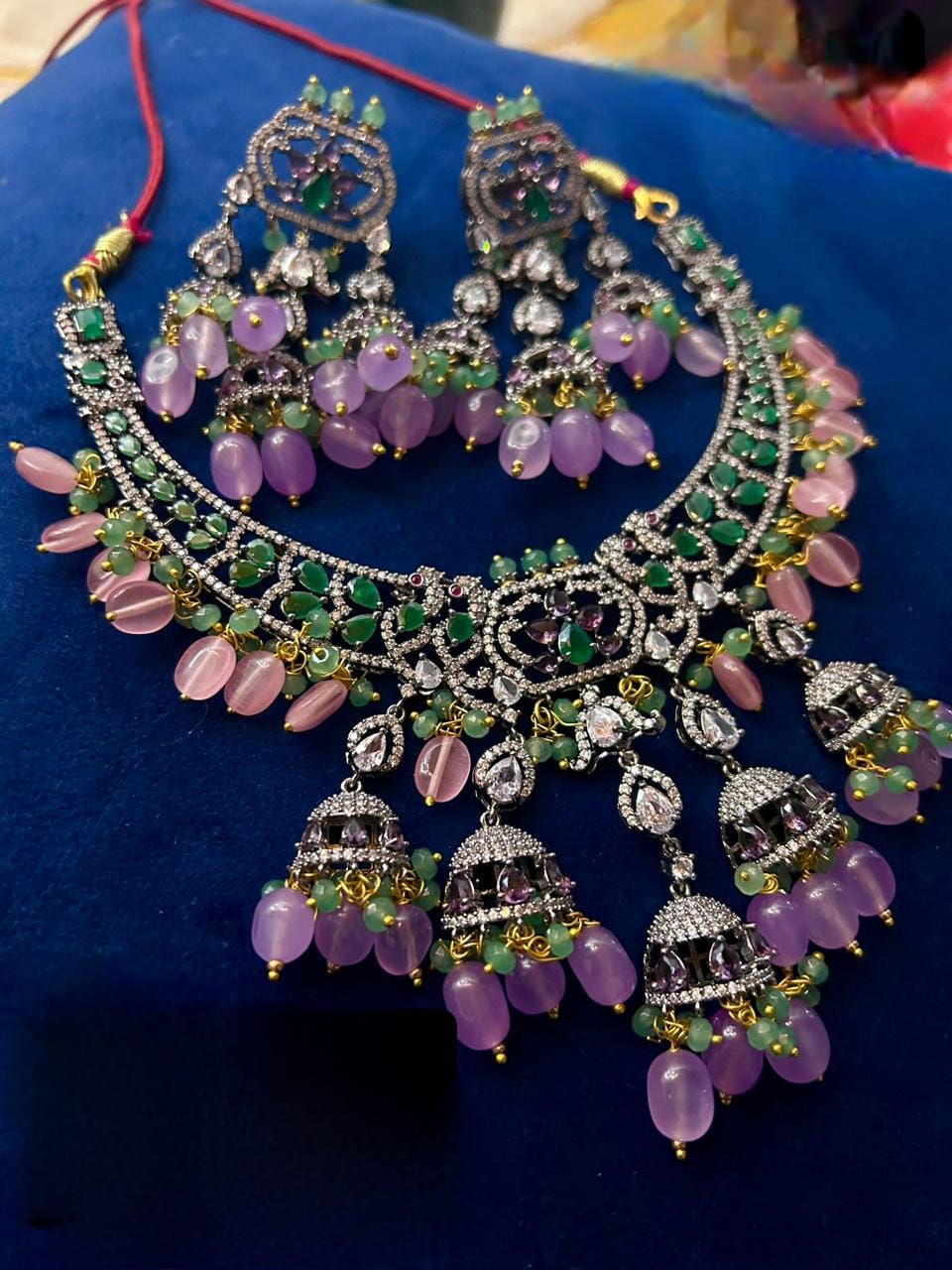 Super luxurious diamond replica Victorian set with screw back earrings with real pastel beads pink n purple unique combination