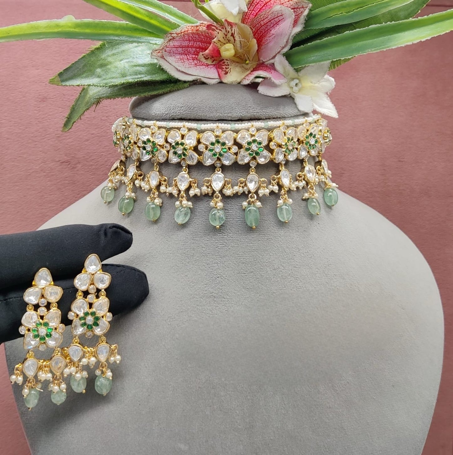 Premium Quality Moissanite Polkis Choker Set with earnings  , indian jewellery, bollywood choker set