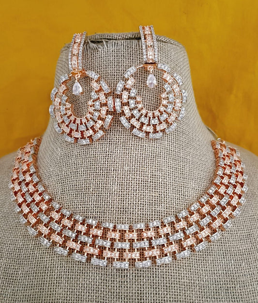 Rose gold AD short necklace set with earring jewellery set ,indian jewellery , wedding jewellery , anniversary gift
