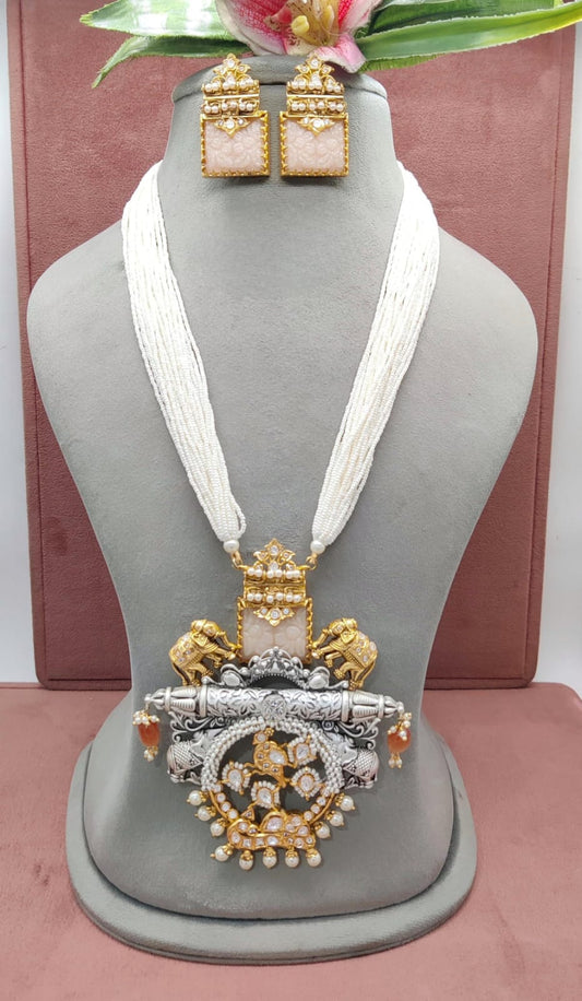 Harmony in Pearls: Multi-String Haram Necklace with Silver and Gold Polished Pendant Earrings