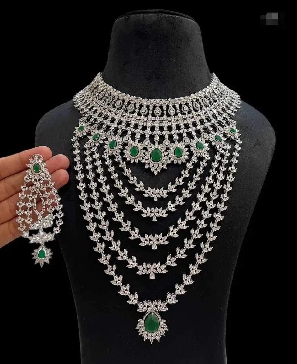 Radiant Splendor: American Diamond Bridal Necklace Set with Long Haram, Earrings, and Maangtikka , Full bridla jewellery