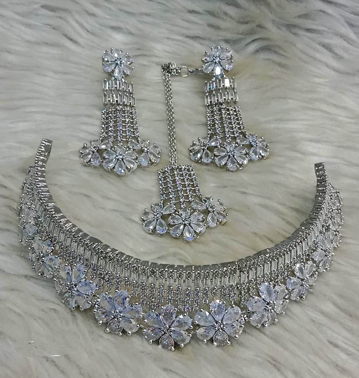 Dazzling Ensemble: American Diamond Choker Set with Earrings and Maangtikka - Enhance Your Look!