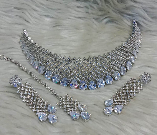 Dazzle in Diamonds: Premium American Diamond Choker Set with Earrings and Maangtikka