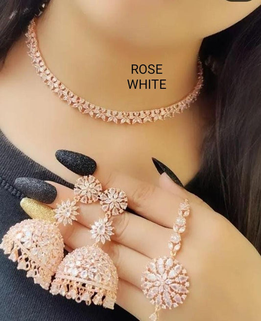 Radiant Elegance: American Diamond Necklace Set with Exquisite Jhumka Earrings and Maangtikka