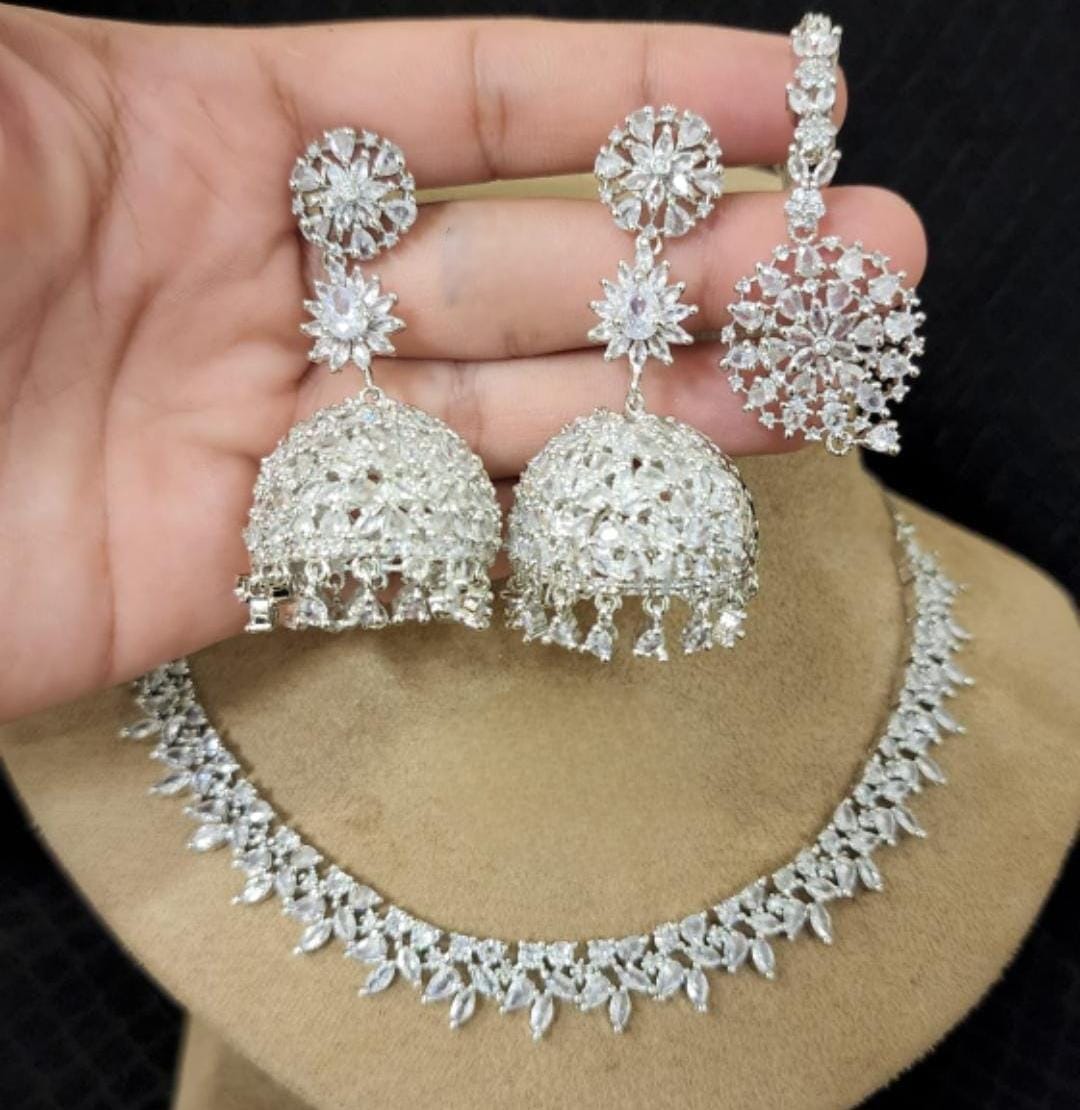 Radiant Elegance: American Diamond Necklace Set with Exquisite Jhumka Earrings and Maangtikka