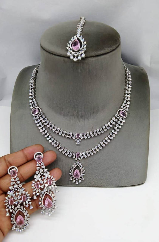 Radiant Splendor, American Diamond Necklace Set with Earrings & Maangtikka  , indian jewellery , bollywood jewellery , wedding jewellery