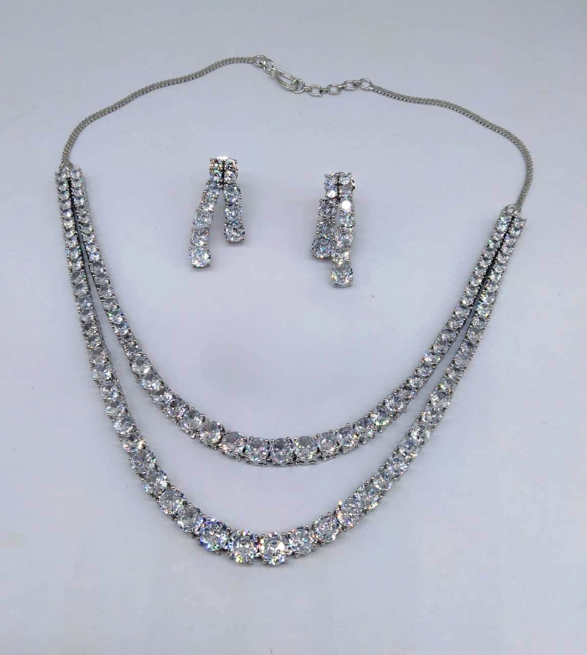 Dazzling Duets , American Diamond Double Strand Necklace with Earrings Set . Diamond jewelry set , short nekclace set