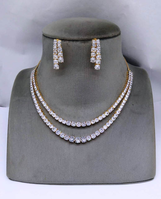 Dazzling Duets , American Diamond Double Strand Necklace with Earrings Set . Diamond jewelry set , short nekclace set