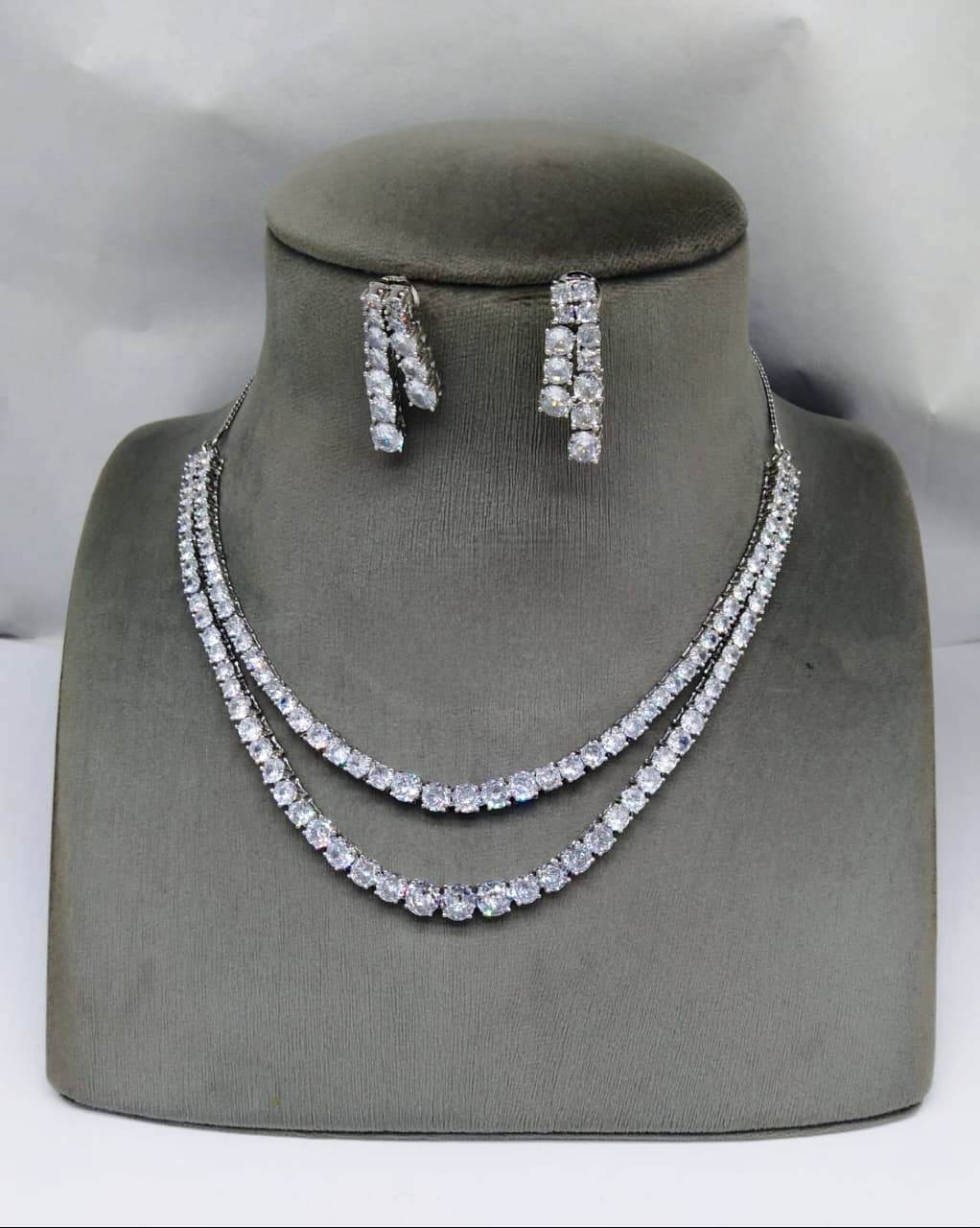 Dazzling Duets , American Diamond Double Strand Necklace with Earrings Set . Diamond jewelry set , short nekclace set