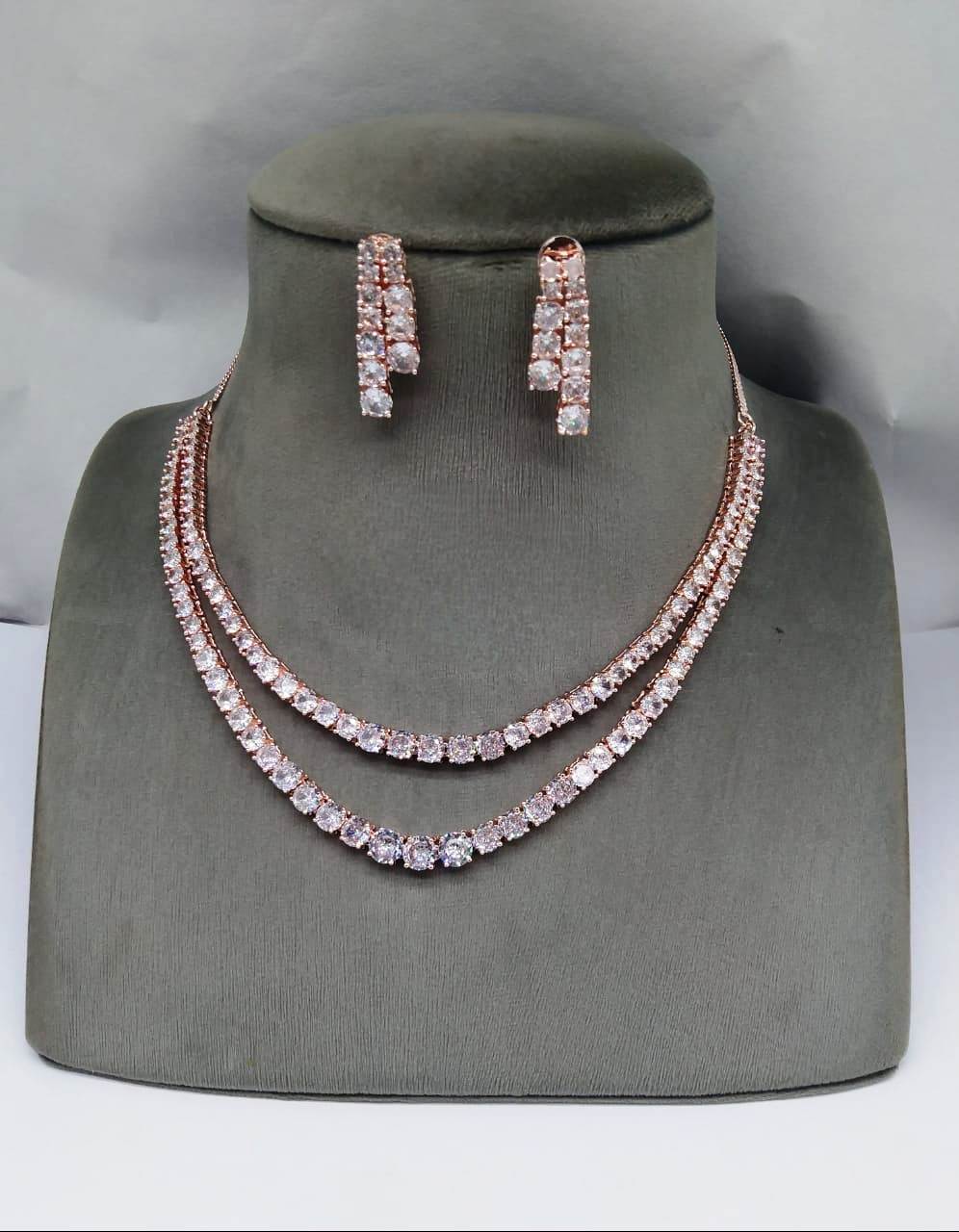 Dazzling Duets , American Diamond Double Strand Necklace with Earrings Set . Diamond jewelry set , short nekclace set