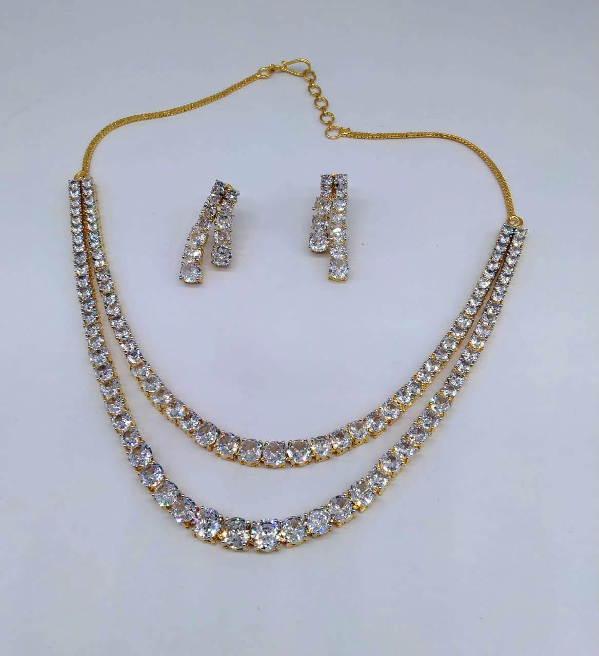 Dazzling Duets , American Diamond Double Strand Necklace with Earrings Set . Diamond jewelry set , short nekclace set