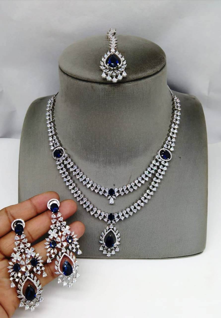 Radiant Splendor, American Diamond Necklace Set with Earrings & Maangtikka  , indian jewellery , bollywood jewellery , wedding jewellery