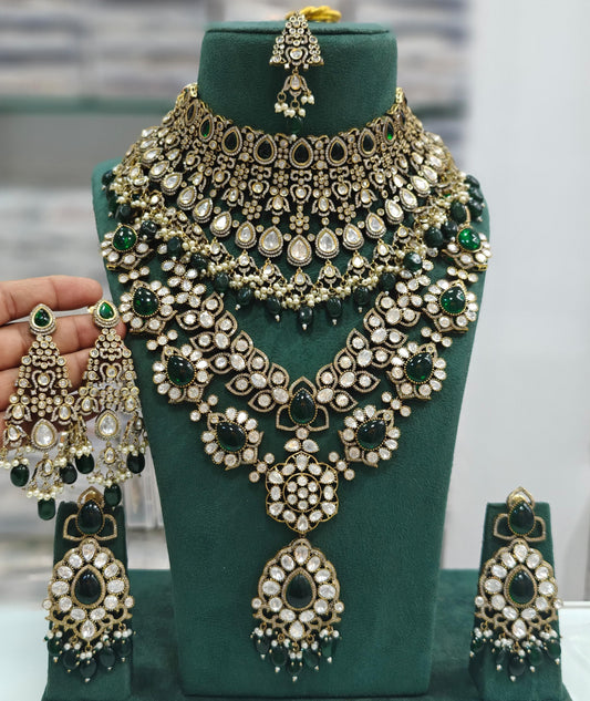 Premium Quality Bridal Pachi Kundan Choker with Long Haram, Double Earrings, and Maangtikka Set , Full Bridal Pachi Kundan jewellery set