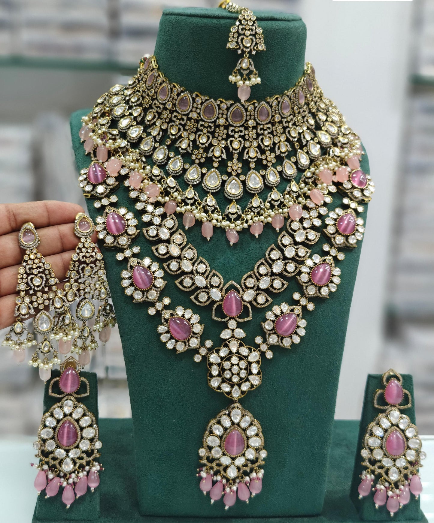 Premium Quality Bridal Pachi Kundan Choker with Long Haram, Double Earrings, and Maangtikka Set , Full Bridal Pachi Kundan jewellery set