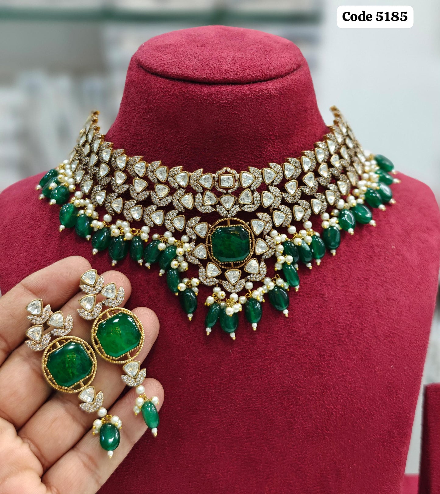 Glorious Heritage High Quality Uncut Polki Kundan Necklace with Big Ad Stone and Green Pearl Earrings jewellery set , Indian Jewellery set , Bollywood jewellery