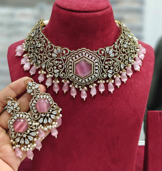 Premium Polki Kundan and big size stone Necklace Set with Earrings jewelry set , Indian Jewellery set , Costume victorian Jewellery set