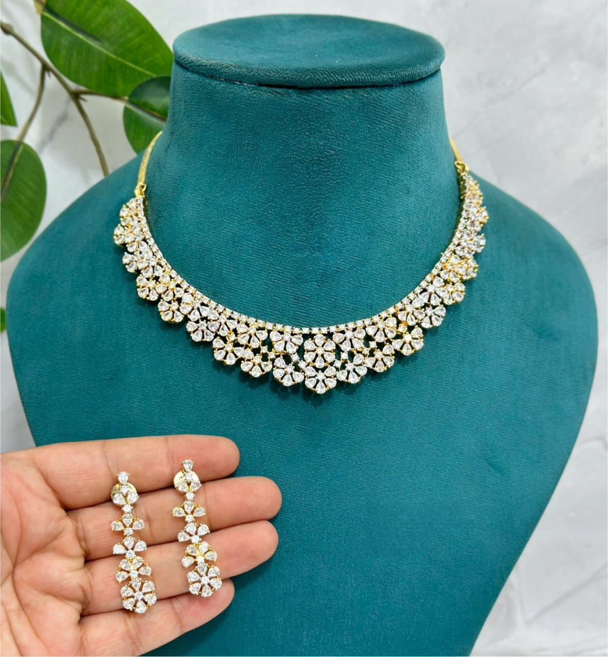 Elegant American Diamond Short Necklace with Matching Earrings Jewelry Set