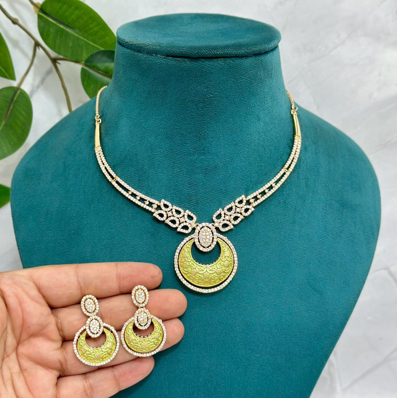 Chandbali Style American Diamond Short Necklace with Matching Earrings Jewelry Set