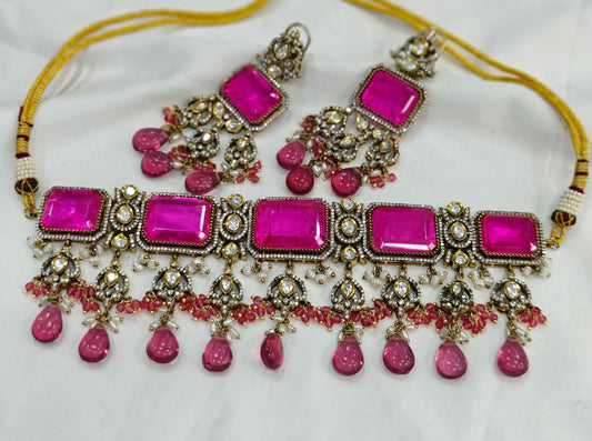 Victorian Doublet Ad Stone Choker with Matching Earrings Jewelry Set , Bollywood jewellery