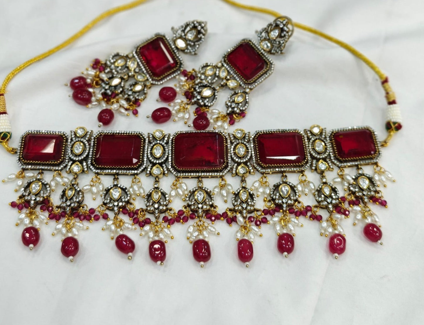 Victorian Doublet Ad Stone Choker with Matching Earrings Jewelry Set , Bollywood jewellery