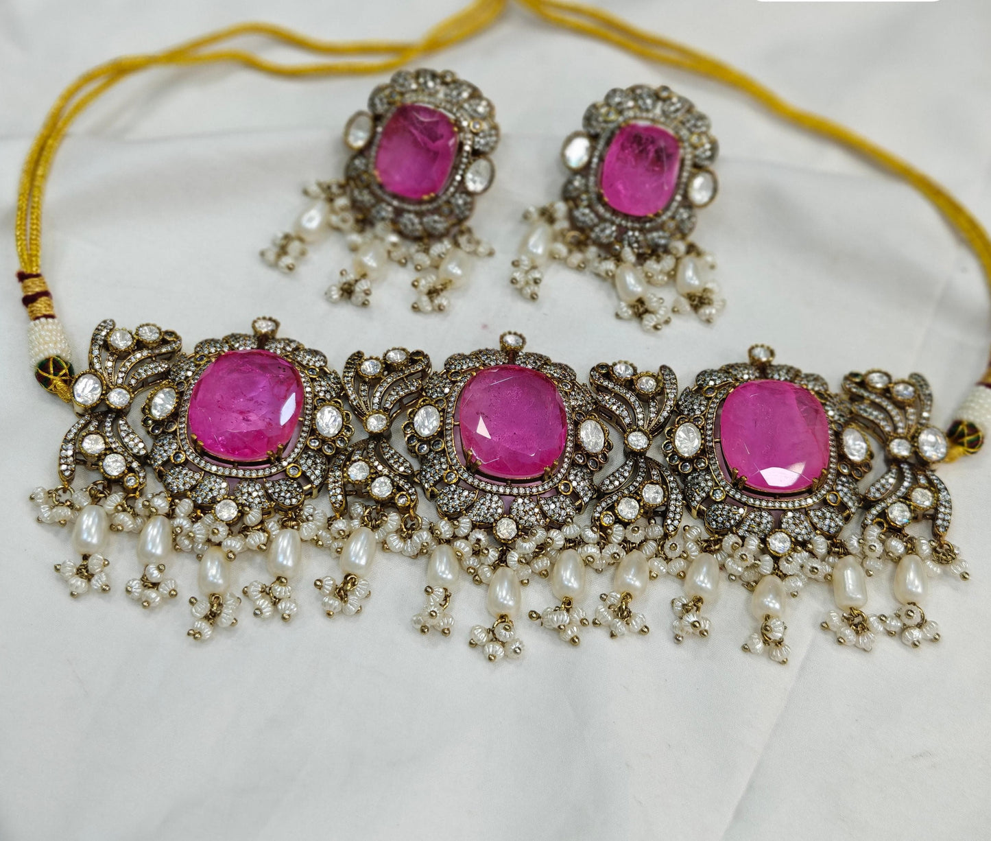 Premium Quality Victorian Kundan Choker Jewelry Set with Large Stones and Matching Earrings