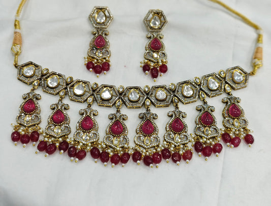 Moissanite Premium Kundan Necklace Set with Earrings Jewelry