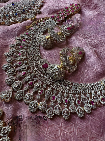 Premium Quality Full Bridal American Diamond Haram Set with Jhumka Earrings jewelry set , Bridal Necklace Set,  Statement Jewelry