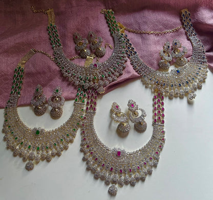 Premium Quality Full Bridal American Diamond Haram Set with Jhumka Earrings jewelry set , Bridal Necklace Set,  Statement Jewelry