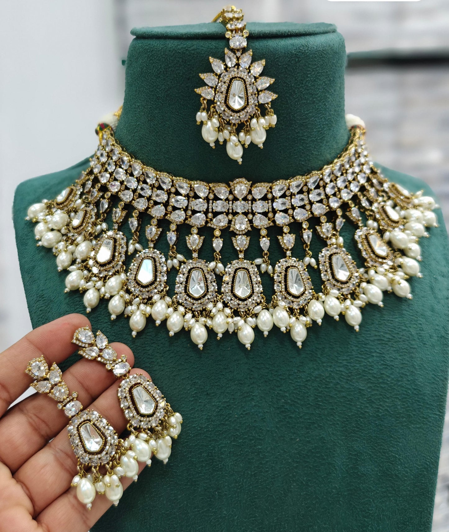 Premium Quality Polki Kundan with AD Choker Set with Earrings & Maangtikka Jewellery Set