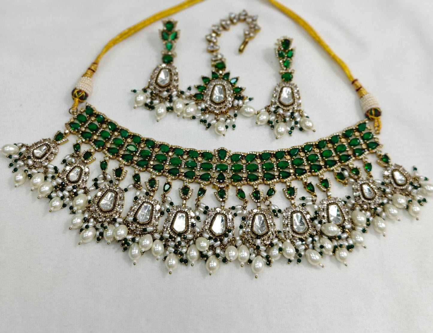 Premium Quality Polki Kundan with AD Choker Set with Earrings & Maangtikka Jewellery Set