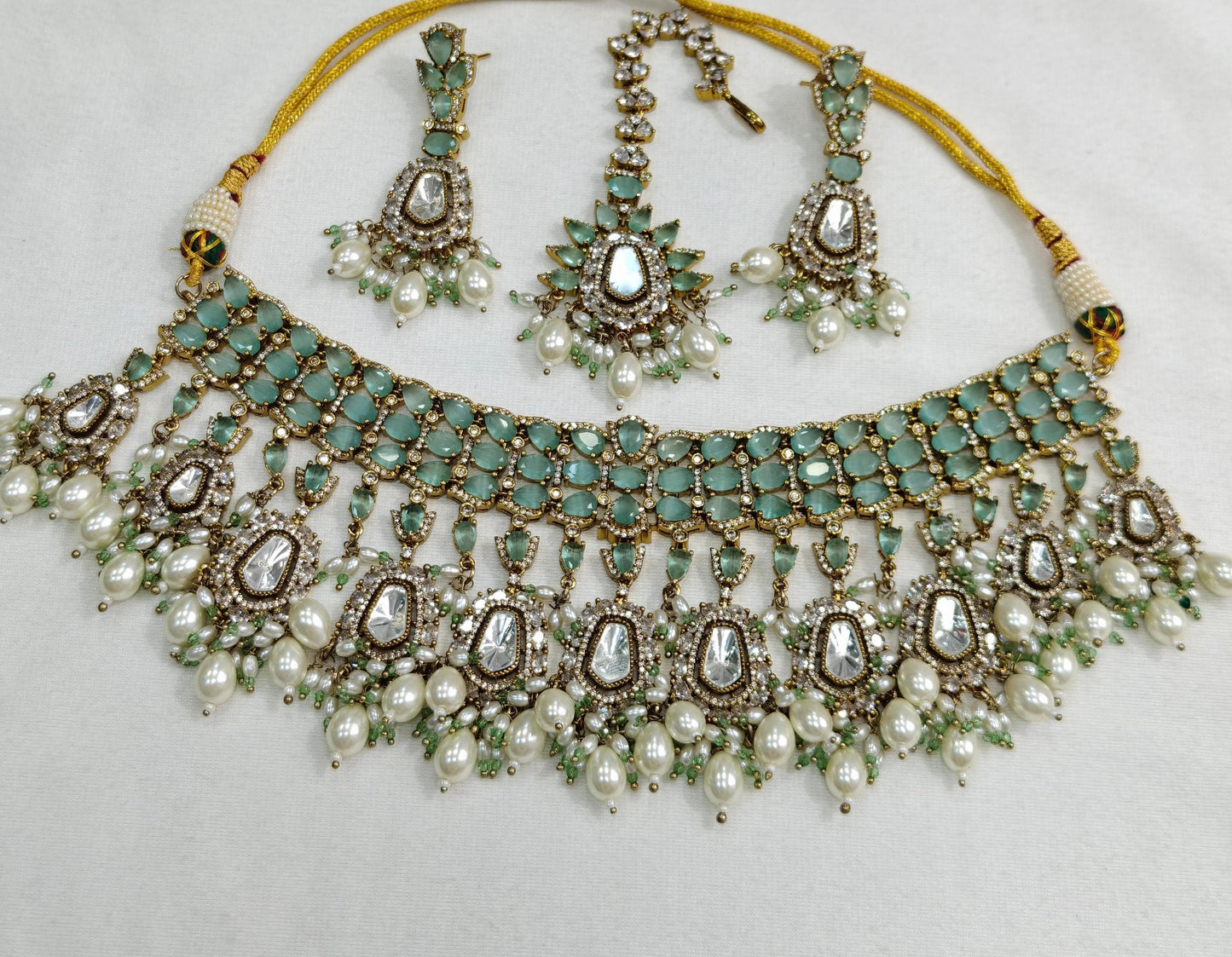 Premium Quality Polki Kundan with AD Choker Set with Earrings & Maangtikka Jewellery Set